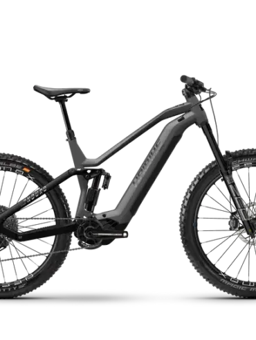 Graues Haibike NDURO 8 Freeride E-Mountainbike mit Vollfederung und breiten Reifen, in Seitenansicht gezeigt.