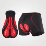 Gepolsterte Radunterhose mit rotem 5-Lagen-Gel-Pad für hohen Schutz und Anti-Shock-Funktion.
