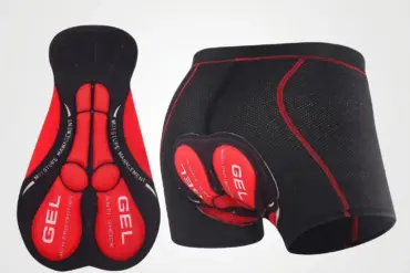 Gepolsterte Radunterhose mit rotem 5-Lagen-Gel-Pad für hohen Schutz und Anti-Shock-Funktion.