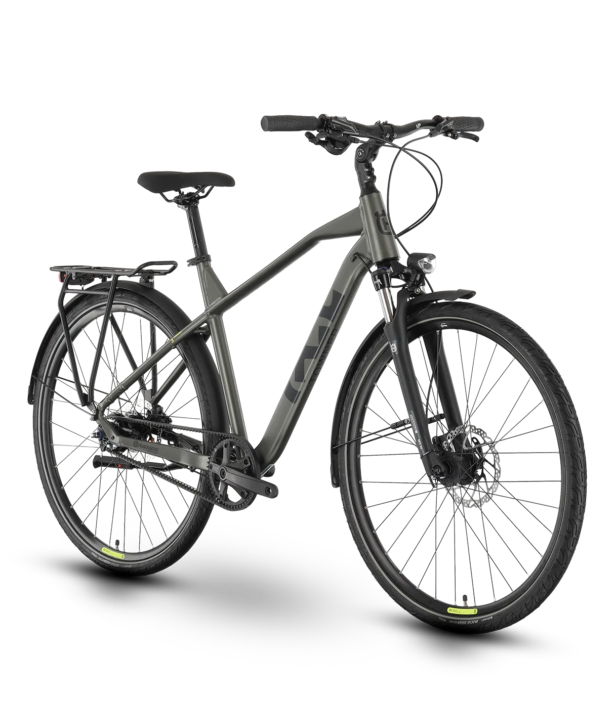 Frontansicht eines grauen Husqvarna Towner B3 Urban-Bikes mit Gepäckträger, Schutzblechen und Federgabel.